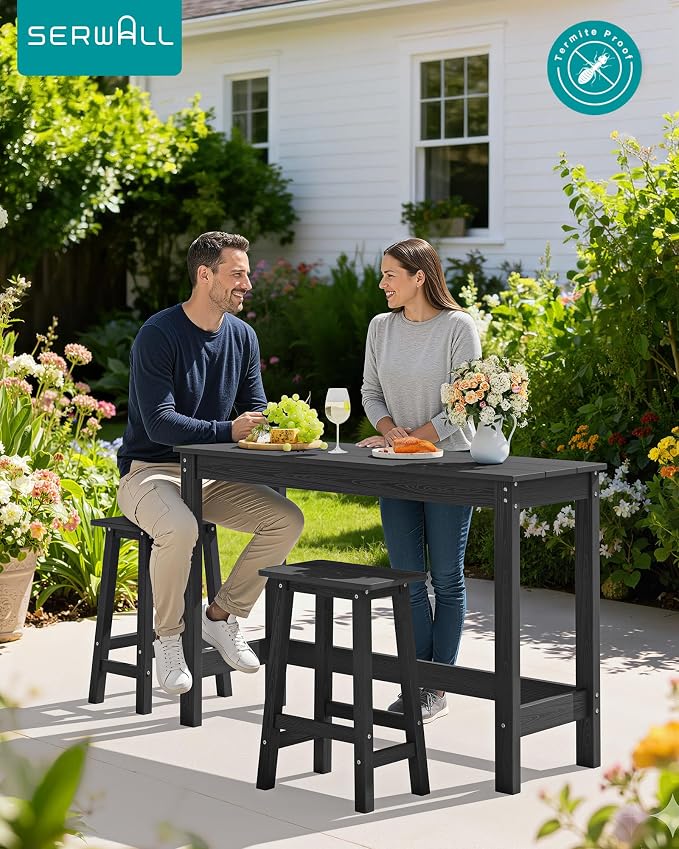 SERWALL 3-Piece Outdoor Bar Set, Rectangular All Weather HDPE Bar Height Patio - Image 3