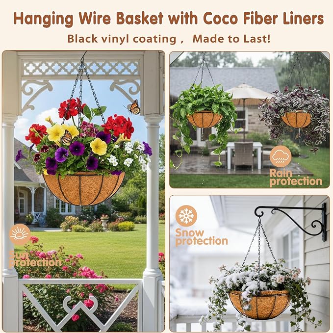 12 inch Metal Hanging Baskets For Plants Outdoor 4 Pack Round Metal Wire - Image 6