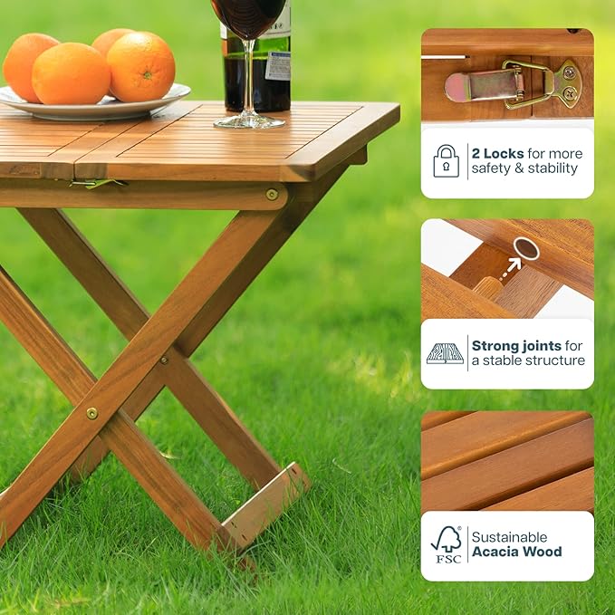 Idzo Mira Acacia Wood Folding Bistro Side Table Outdoor, 19.5 Inch x 19.5 Inch - Image 3