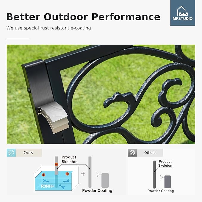 MFSTUDIO 50 Inches Outdoor Garden Bench, Cast Iron Metal Frame Patio Park Bench - Image 7