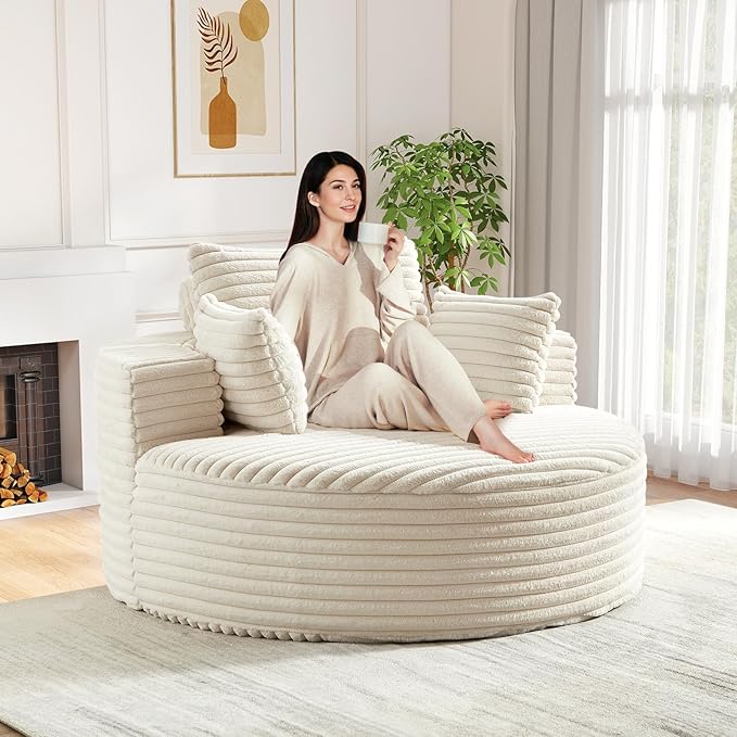 Oversized Round Chaise Longue Chair Indoor, Modern 55-inch Upholstered Corduroy by Antetek