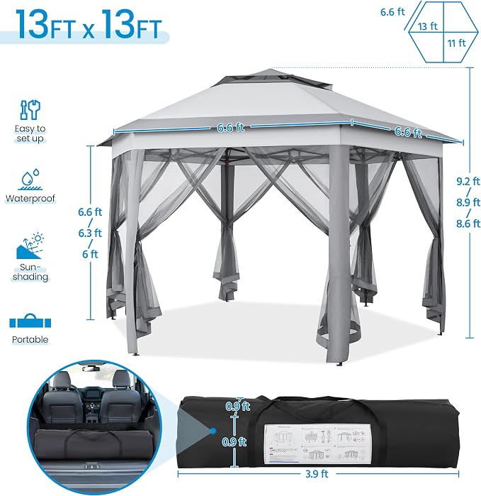 Yaheetech 13x13 Pop up Gazebo, Hexagonal Outdoor Canopy Shelter, Instant Patio - Image 3
