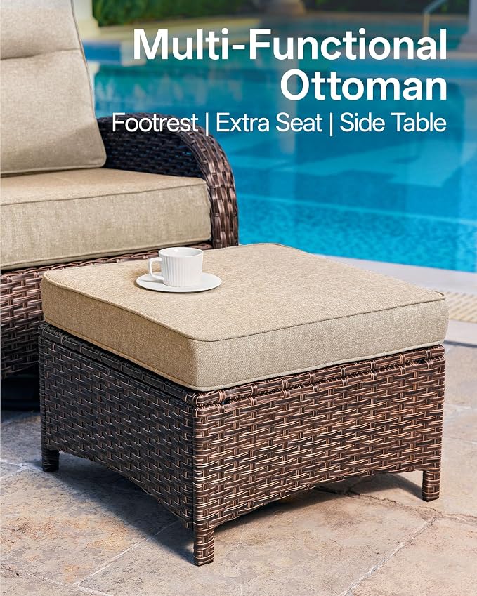 2-Piece Easy Assembly Outdoor Patio Ottomans, All-Weather PE Wicker Footrest - Image 3