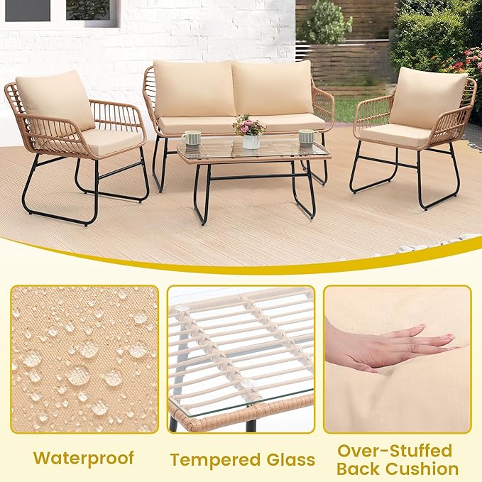 Kromax 4 Piece Patio Bistro Outdoor Furniture Set, Wicker Sofa, 2 Rattan Chairs - Image 4