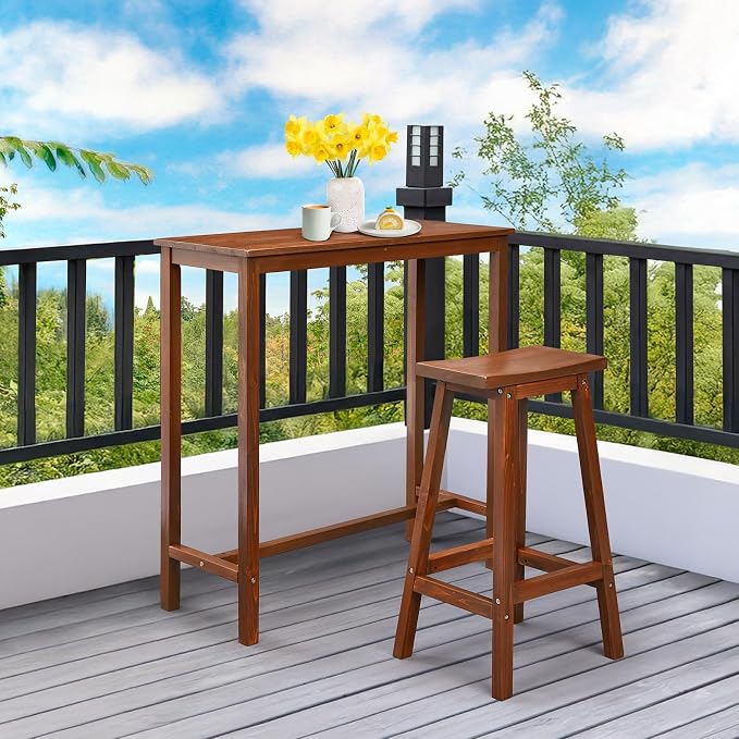 VINGLI Wooden Outdoor Bar Table, Wood Patio Counter Height Table, - Image 2