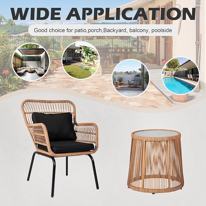 3 Piece Outdoor Wicker Furniture Bistro Set, Rattan Chairs Conversation Sets - Image 6