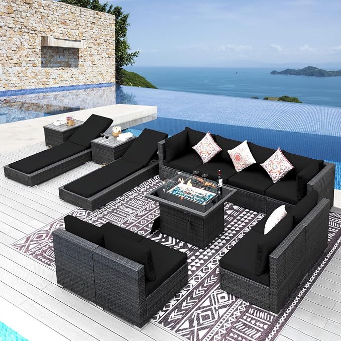NICESOUL 13 Piece Outdoor Sectional w/Fire Pit Table, Luxury Modular Patio by NICESOUL