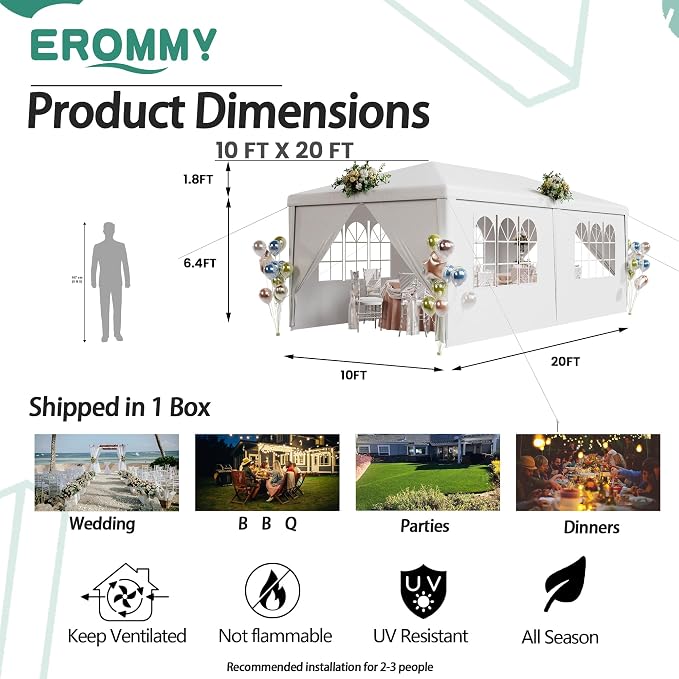 EROMMY 10x20 FT Outdoor Party Tent, Waterproof PE Fabric Event Shelter - Image 2