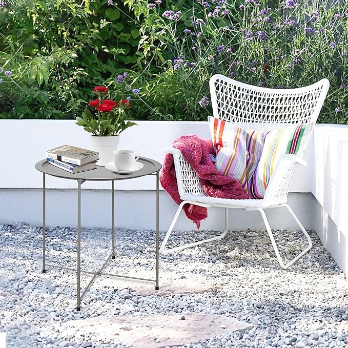 Garden 4 you Folding Tray Metal Side Table 2PC Grey Round End Table Cyan Sofa - Image 7
