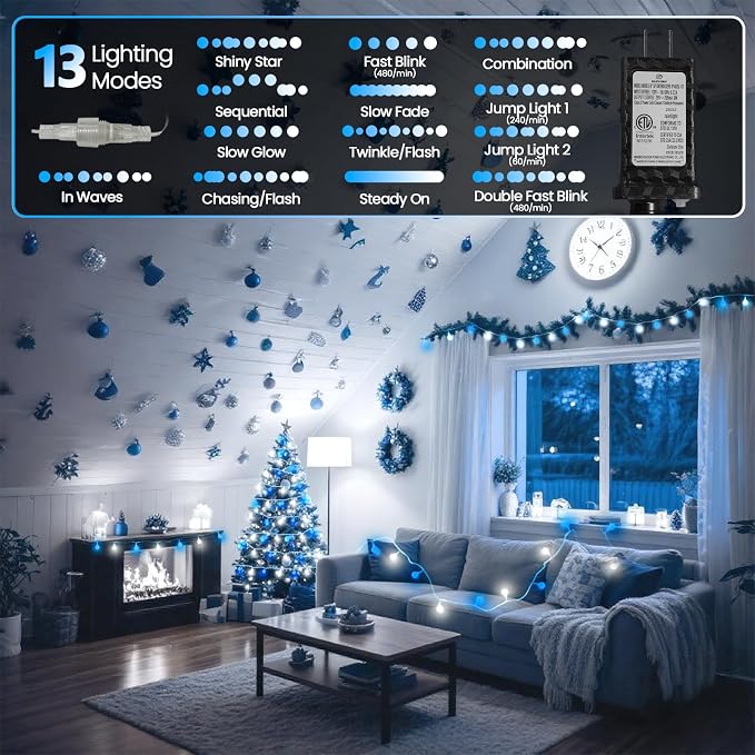 LORRYTE 43FT Connectable String Lights Indoor Outdoor | 100LED Blue and White - Image 3