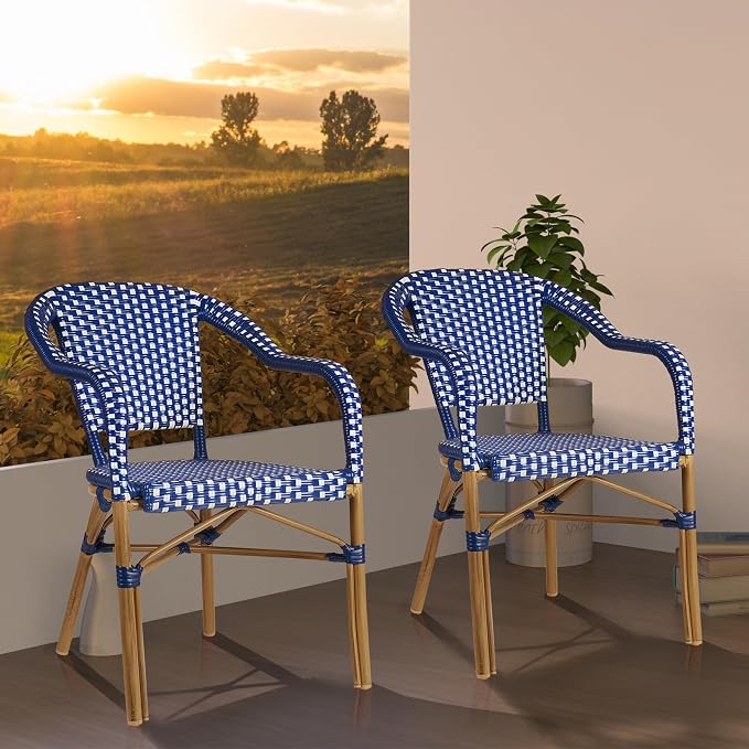PURPLE LEAF Bistro Chairs Set of 2 French Hand-Woven Wicker Armchairs Outdoor by PURPLELEAF