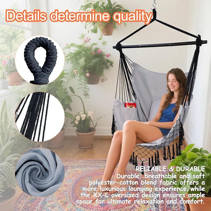 Hammock Chair Hanging Rope Swing Chair, Max 450 Lbs, Large Hanging Chair - Image 5