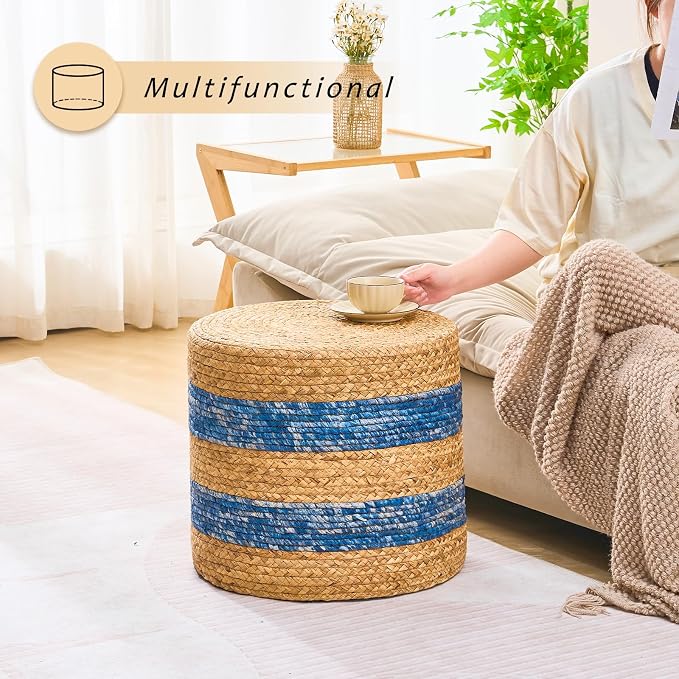 Handwoven Ottoman Pouf, Natural Water Hyacinth Footstool, Round Braided Outdoor - Image 4