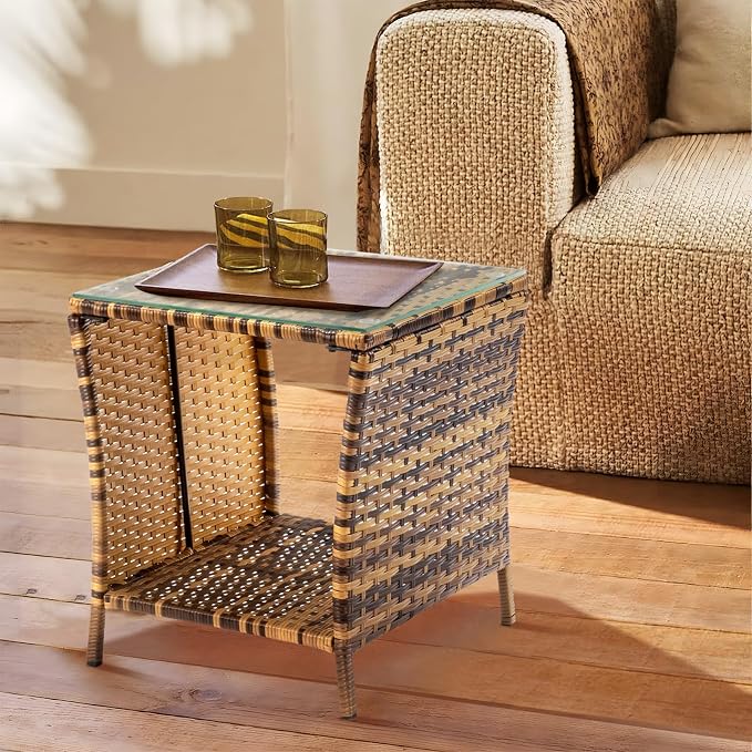 Wicker Rattan Side Table, Outdoor Square Rattan Coffee End Table - Image 9