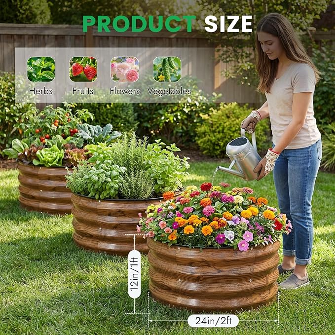 INNO STAG 3 Pcs Round Galvanized Raised Garden Bed — 2×2×1ft Planter Box - Image 2