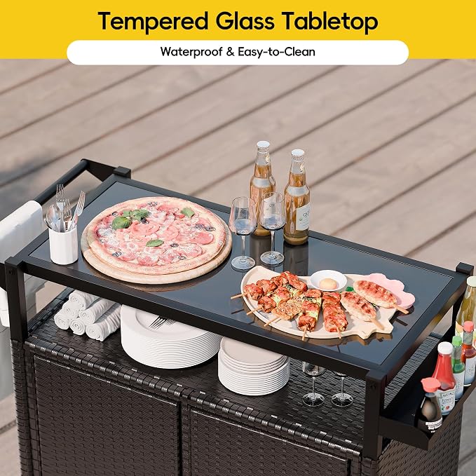 MU Outdoor Bar Cart with Storage and Wheels, Outdoor Bar Table with Tempered - Image 6