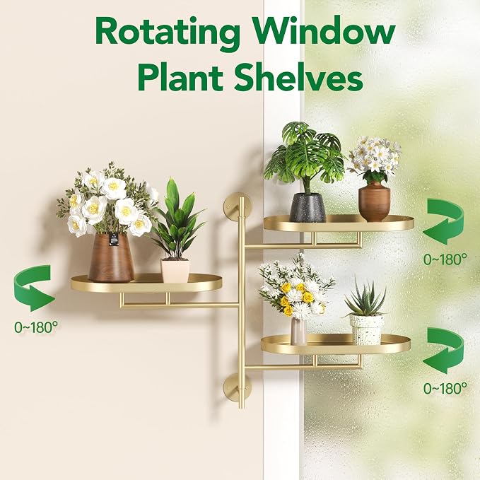 Rotating Window Wall Plant Shelves Stand Holder, 3 Tiered Metal Gold Floating - Image 6