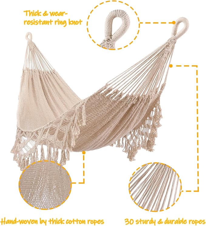 ZEAN Handwoven Hammock with Tassels by Thick Cotton Rope XL Two Person Hammock - Image 5