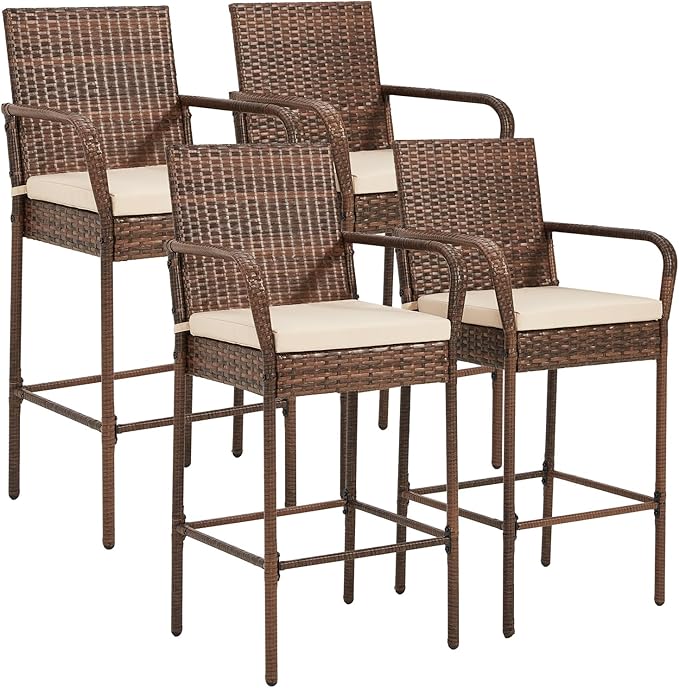 ECOTOUGE Set of 4 Patio Rattan Barstools, All-Weather Wicker Bar Height Chairs by ECOTOUGE