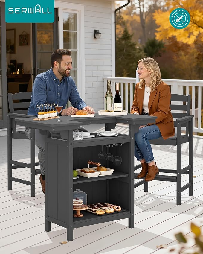 SERWALL Outdoor Bar Table Set – HDPE Grey Patio Bar Cabinet - Image 2