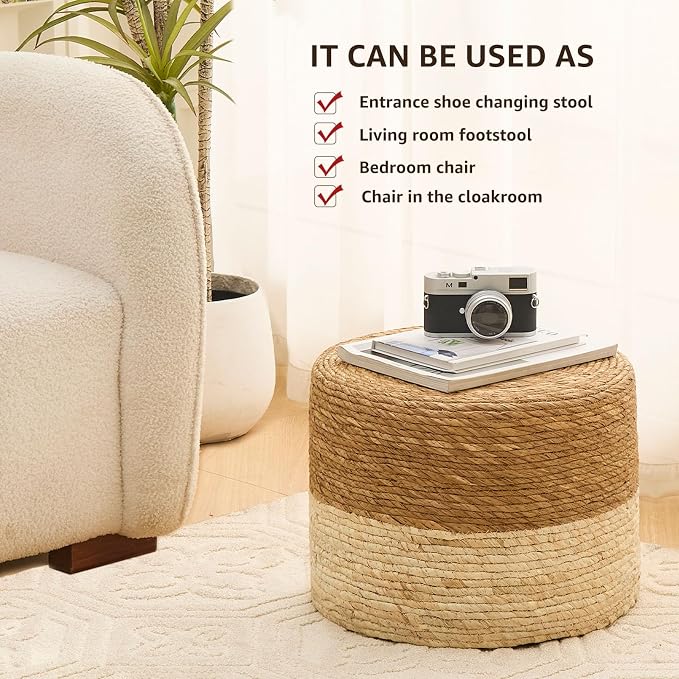 Wimarsbon Round Pouf Ottoman, Natural Hand Knitted Footrest Poof, Rustic Lounge - Image 5