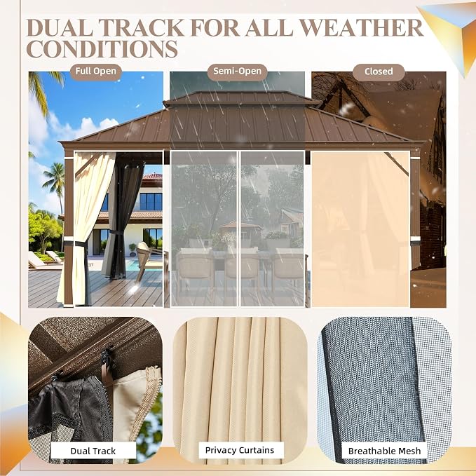 YOLENY 12'x20' Hardtop Gazebo, Wood Grain Aluminum Frame Pergola - Image 5
