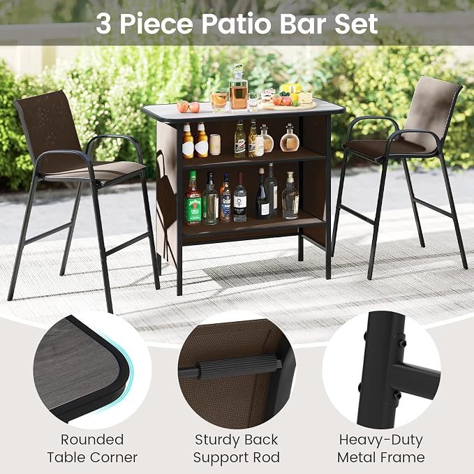 Tangkula 3 Piece Outdoor Bar Set, Patio Bar Height Table & Armchairs - Image 7