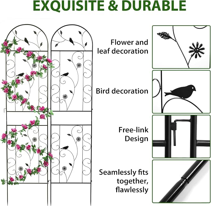 Metal Garden Trellis for Climbing Plants, 2 Pack 86.5" x 19.7" Black Plant - Image 5