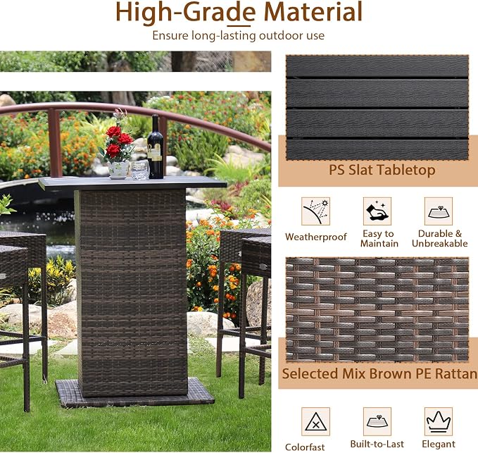 HAPPYGRILL 5 Piece Rattan Bar Set Outdoor Wicker Bar Table and 4 Bar Stools - Image 7