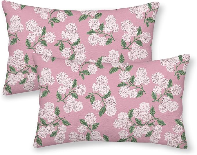 Pink Pillow Covers 12x20 Inch 2 Pcs Preppy Pink Green Hydrangea Flower Decor by DAFENA