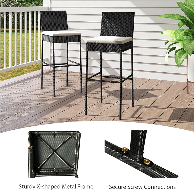 Tangkula Set of 2 Patio Wicker Barstools, Outdoor Bar Height Chair w/Soft Seat - Image 7