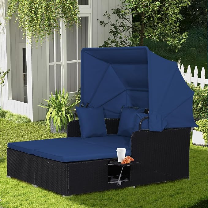 COSTWAY Outdoor Daybed with Retractable Canopy, Wicker Patio Furniture Set with by COSTWAY