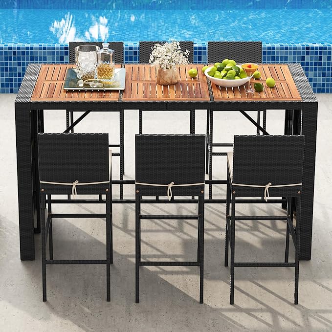 7 Piece Patio Wicker Bar Set, Rattan Bar Stools Set - Image 2