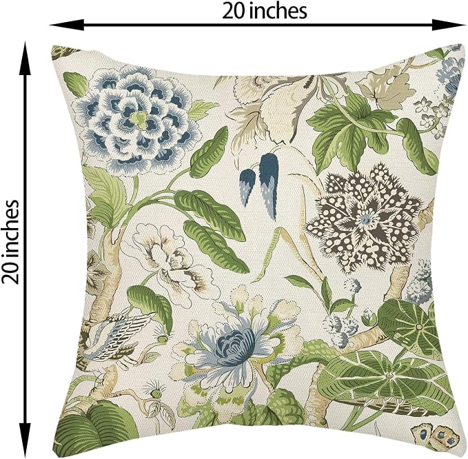 Sage Green Boho Pillow Covers 20x20 Inch 2 Pcs Blue Green Vintage Floral Bird - Image 6