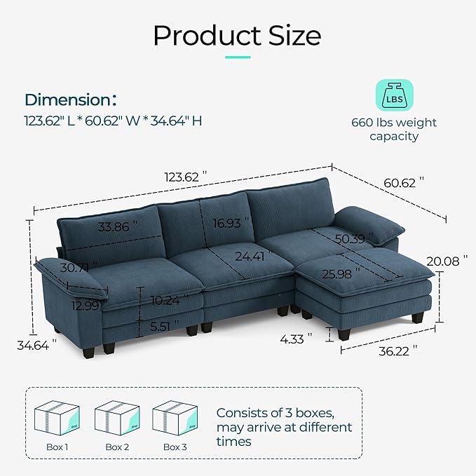 LINSY HOME 123'' Modular Sectional Sofa Blue Couch Corduroy Cloud Couches - Image 2