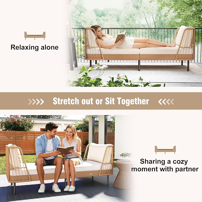 Tangkula Patio Rattan Daybed Set of 2, Boho Outdoor Wicker Lounge Sofa - Image 9