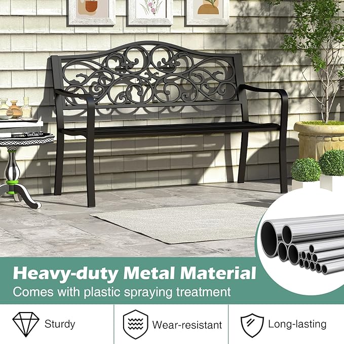 Tangkula 50 Inches Outdoor Garden Park Bench, Cast Iron Metal Patio Bench - Image 5