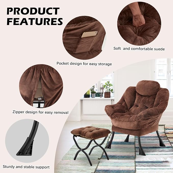 Lazy Chair with Folding Ottoman, Leisure Sofa Chair, Soft Fabric Armchair with - Image 5