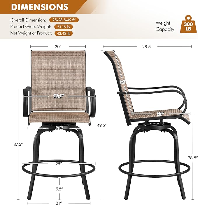 Yaheetech 4 Piece Patio Swivel Bar Stools Texteline Bistro Chairs - Image 3