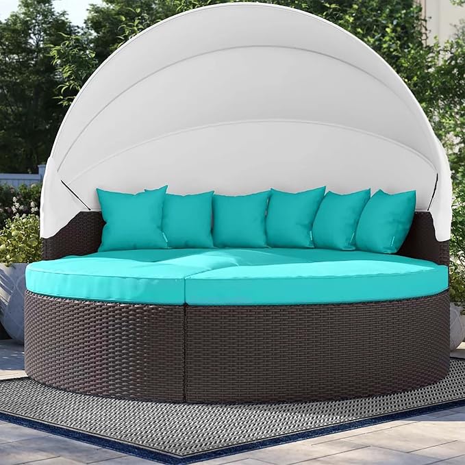 Modway Convene Wicker Rattan Outdoor Patio Retractable Canopy Round Poolside - Image 5
