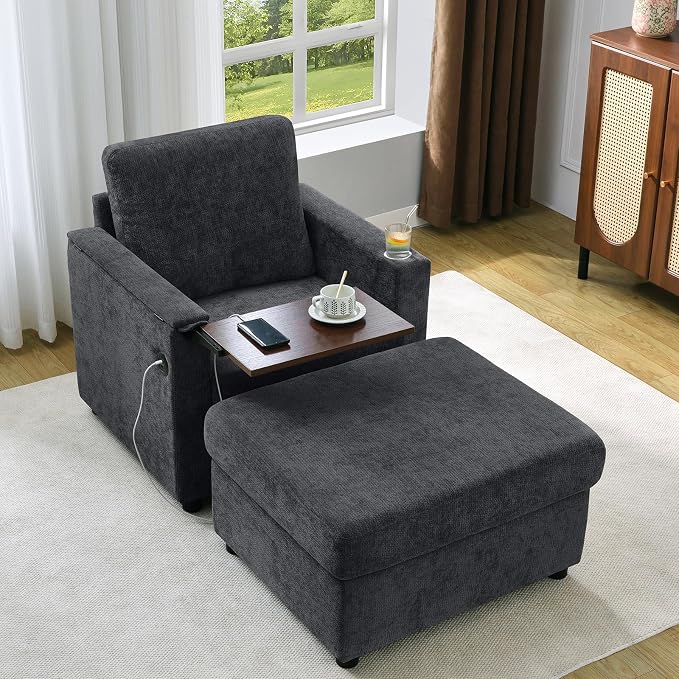 Modern Accent Chairs with Storage Ottoman, Chenille Reading Armchair with Tray by ElevyolivFurniture