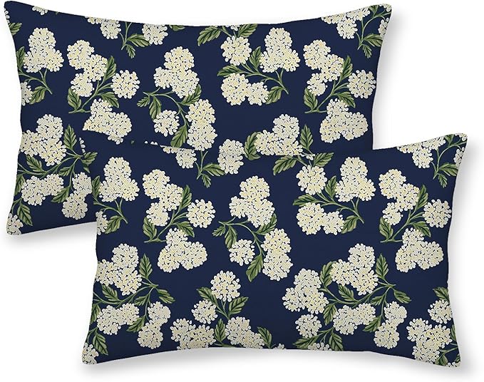 Navy Blue Spring Pillow Covers 12x20 Inch 2 Pcs Green Yellow Hydrangea Flower by DAFENA