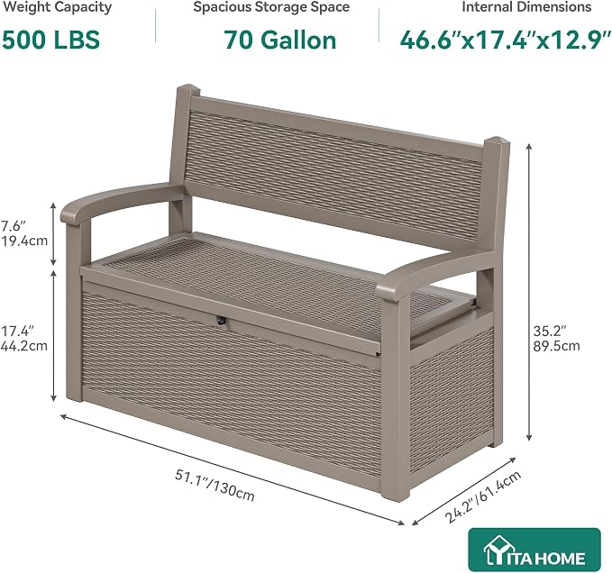 YITAHOME 70 Gallon Storage Bench Deck Box, Lockable Patio Bench, Waterproof - Image 6