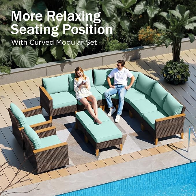 PHI VILLA 9-Piece Wicker Patio Furniture Set, Outdoor Half-Moon Curved - Image 3