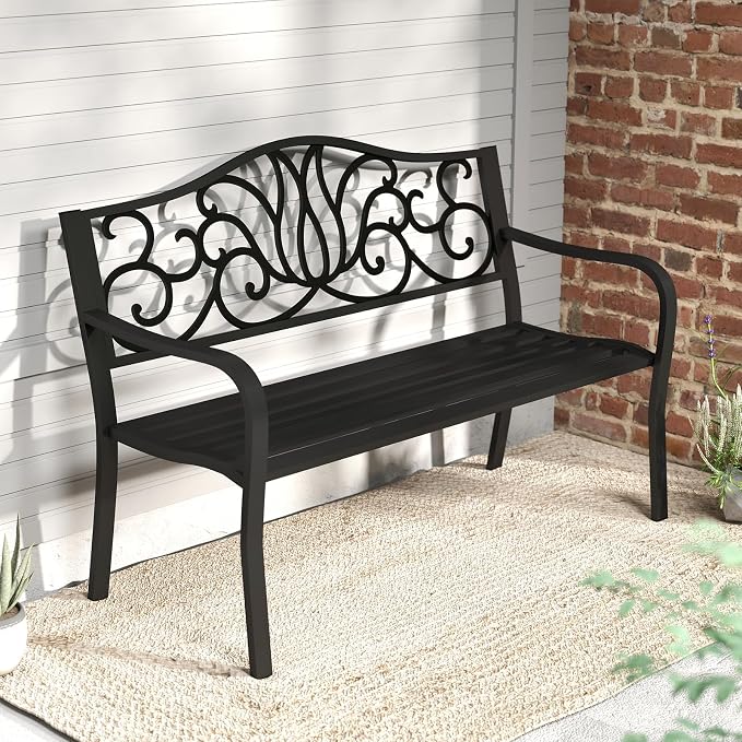 Tangkula 50 Inches Outdoor Garden Park Bench, Cast Iron Metal Front Porch - Image 2