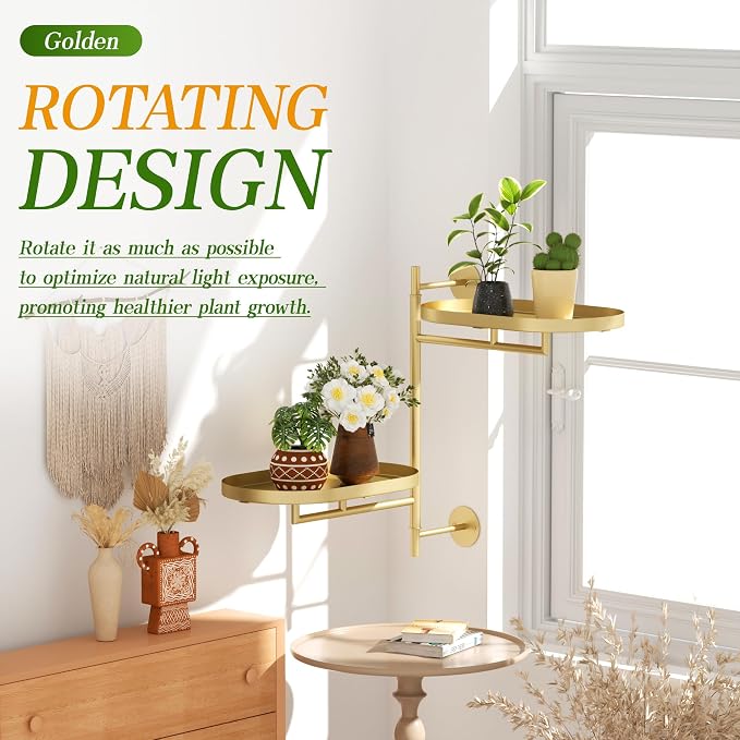 Window Rotating Plant Stand Shelf Indoor Gold Metal Floating Shelves 2-Tier - Image 2