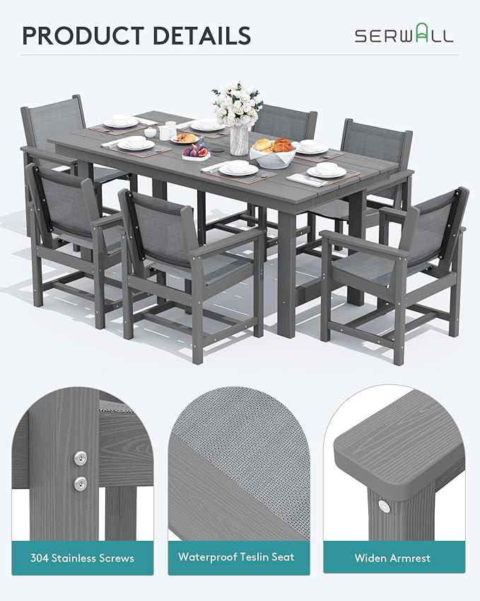 SERWALL Patio Dining Sets for 6, Outdoor HDPE Dining Set - Image 5