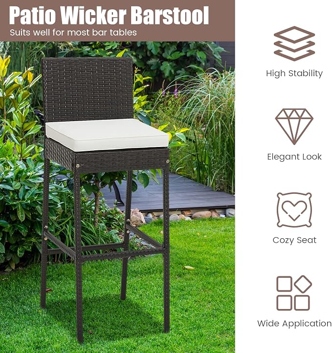 Tangkula Set of 4 Patio Wicker Barstools, Outdoor Bar Height Chair w/Soft Seat - Image 8