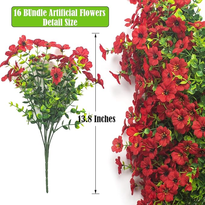 Artificial Fake Flowers for Outdoor Spring Decoration, 16 Bundles Faux Silk - Image 2