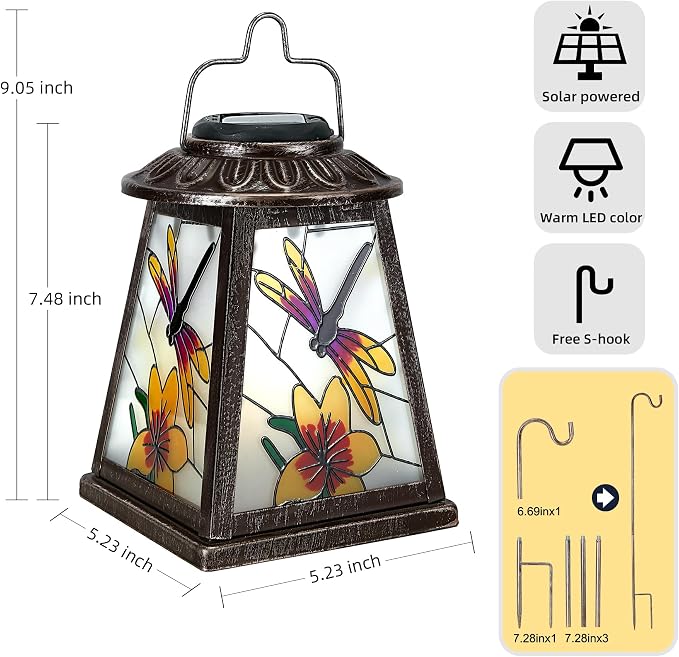 Dragonfly Solar Lantern with Shepherd Hook, Outdoor Hanging Metal LED Garden - Image 3